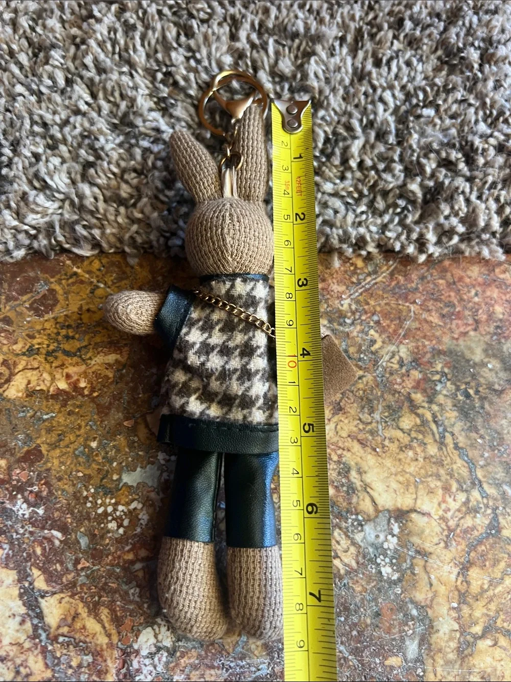 Tan Knit Bunny Keychain with Houndstooth Sweater
